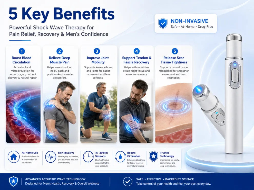 Advanced Acoustic Shockwave Therapy restores penile tissue health to enhance rise rigidity, stamina, and male performance confidence, relieving muscle pain, joint stiffness, tendon discomfort